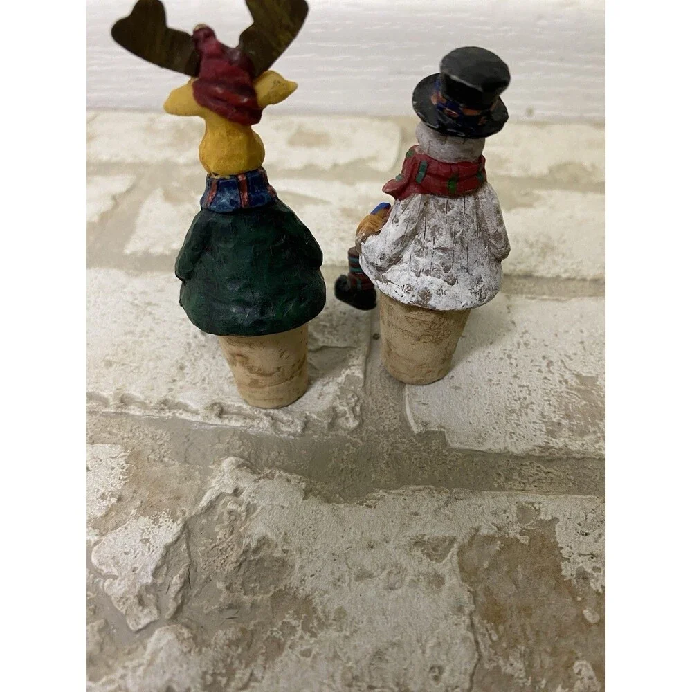 Christmas Holiday Reusable Cork Bottle Stopper Set 2pc Snowman & Moose 4in
